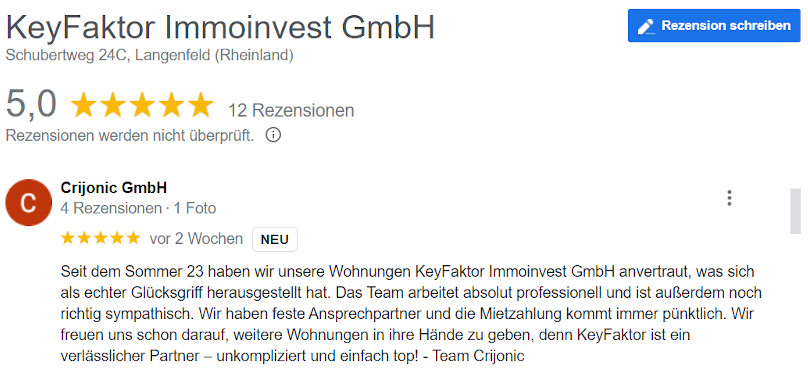 5-Sterne-Google-Rezension eines Vermieters zur KeyFaktor Immoinvest GmbH.