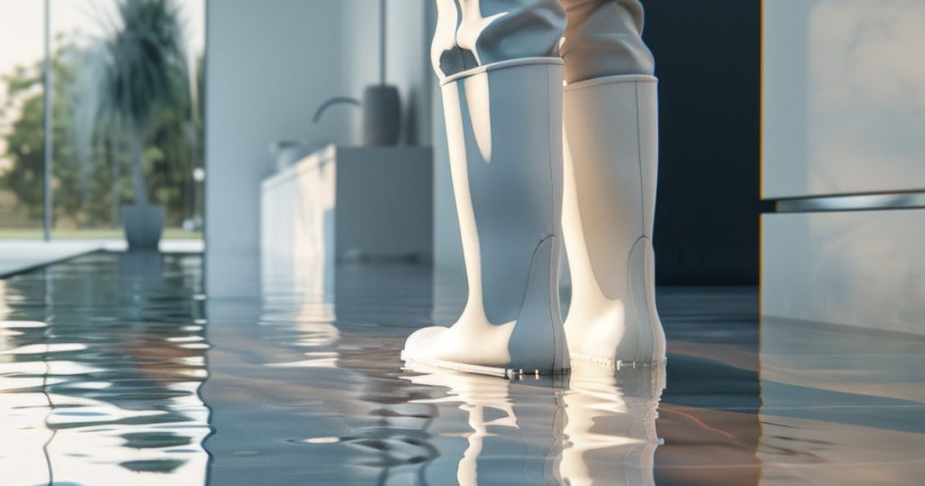 Person in Gummistiefeln steht in einem überfluteten Wohnzimmer mit Wasser auf dem Boden, Hintergrund zeigt ein modernes, möbliertes Wohnzimmer mit Sofa und großem Fenster.