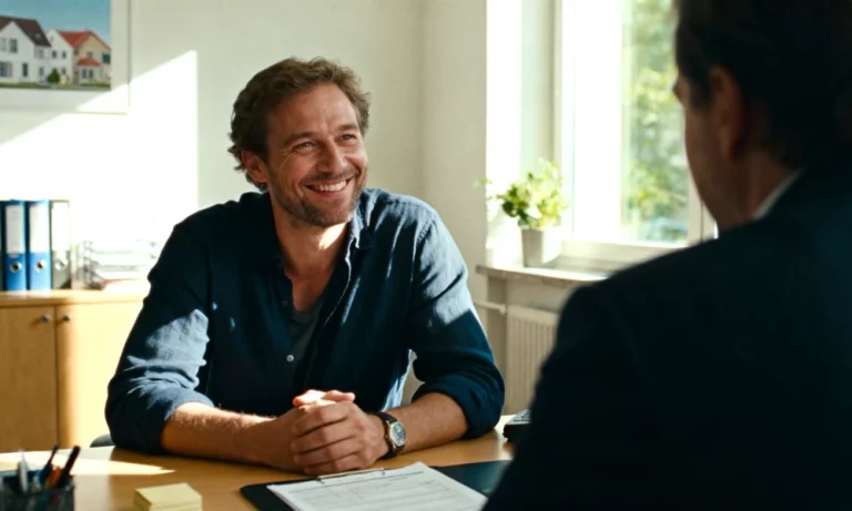 Mitarbeiter des Buchungsservice für Mitarbeiterunterkünfte lächelt bei einem Beratungsgespräch mit einem Unternehmer.