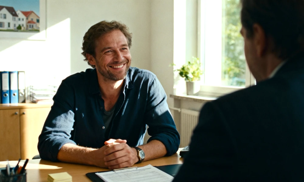 Mitarbeiter des Buchungsservice für Mitarbeiterunterkünfte lächelt bei einem Beratungsgespräch mit einem Unternehmer.