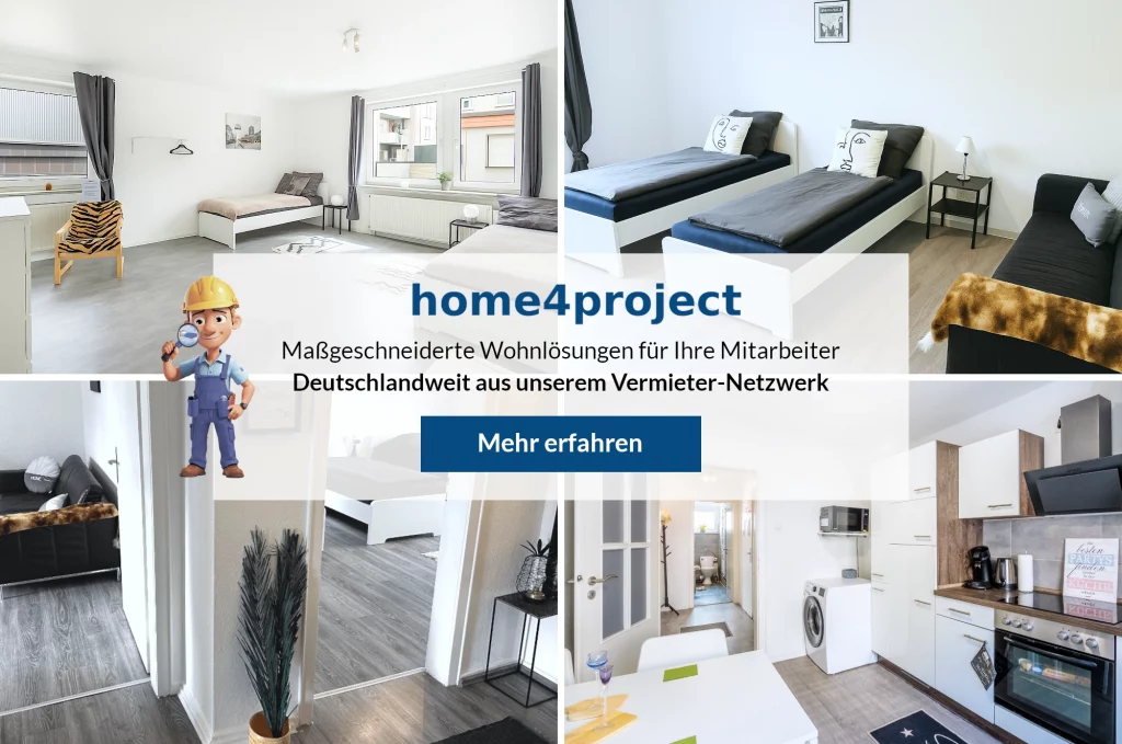 Vier Wohnbeispiele aus dem Buchungsservice für Mitarbeiterunterkünfte von home4project.