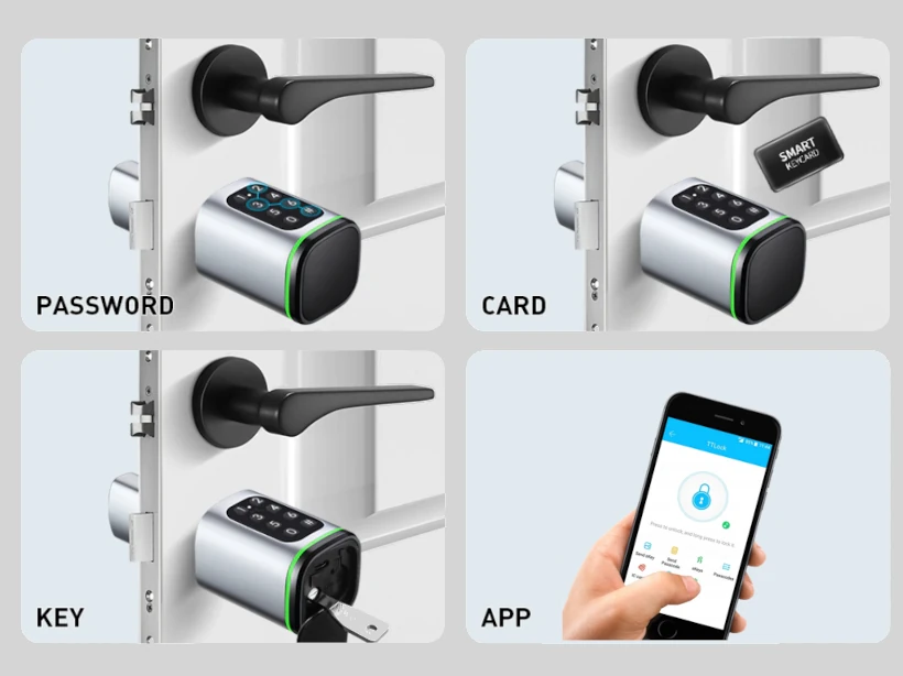 Abbildung von vier Zugangsmöglichkeiten mit dem smarten Türzylinder TTLOCK MYSTIC LITE